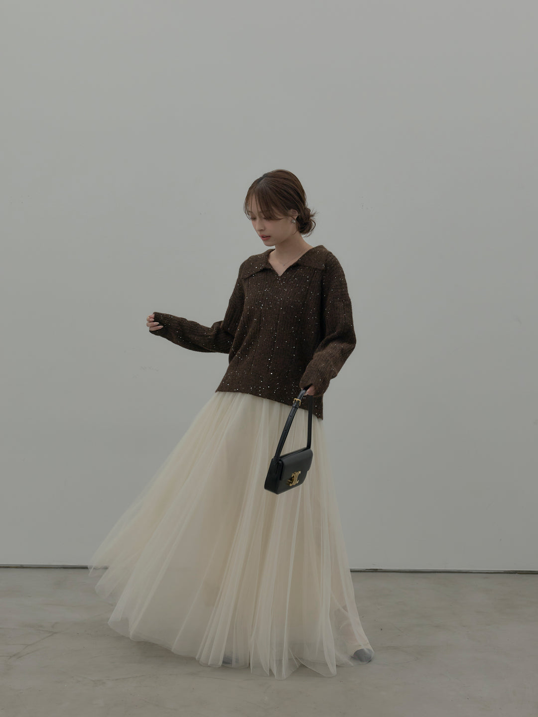 【SET】スパンコールスキッパーニットトップス+ボリュームチュールスカート(2set)