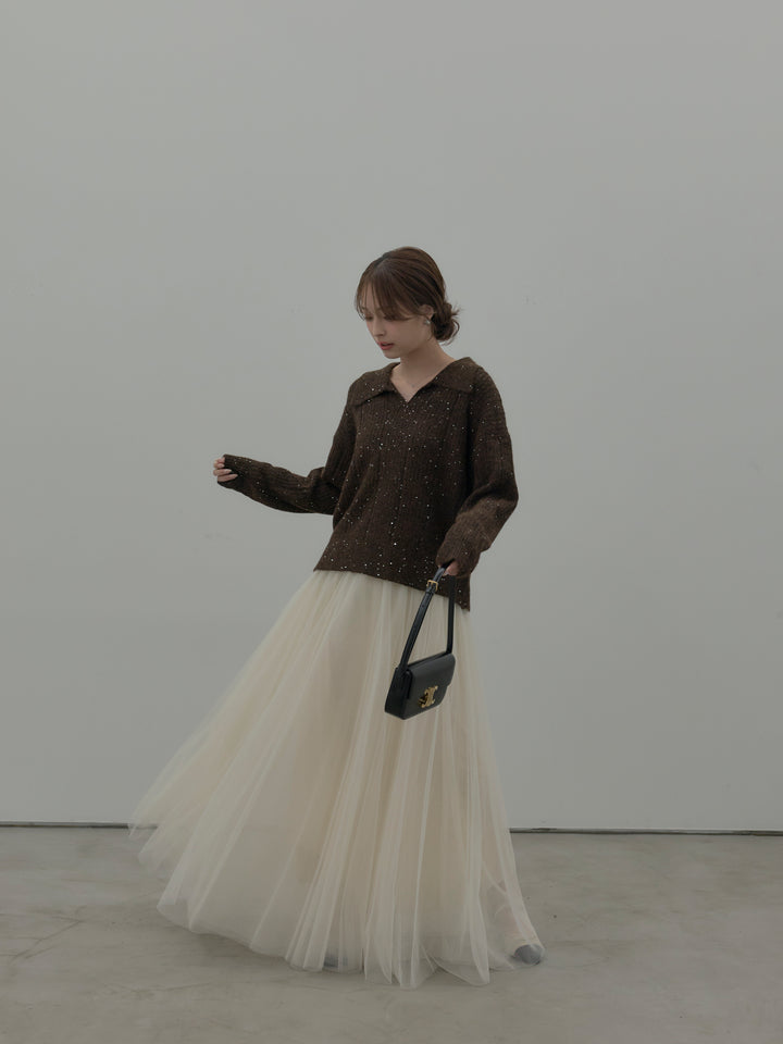 【SET】スパンコールスキッパーニットトップス+ボリュームチュールスカート(2set)