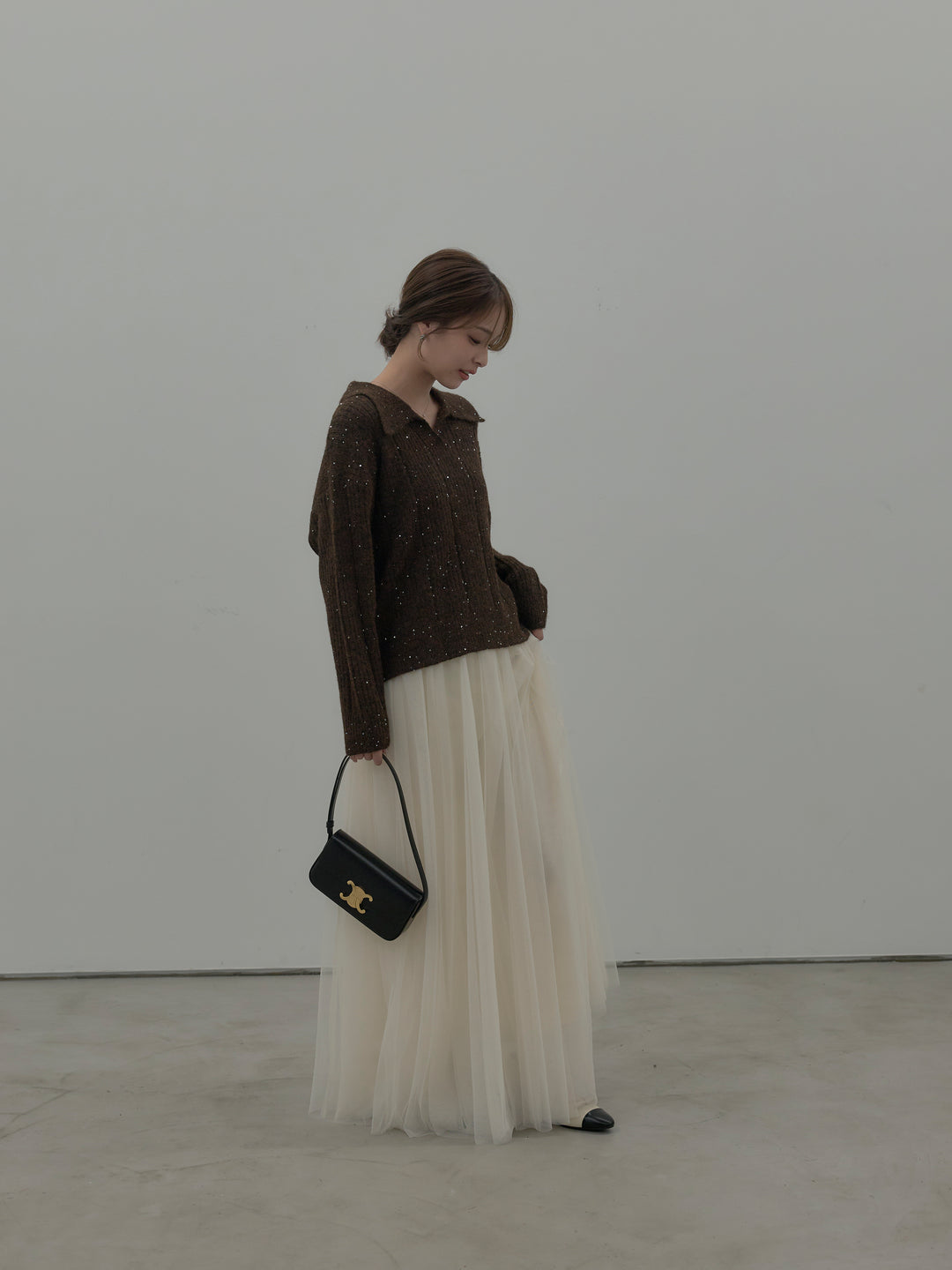 【SET】スパンコールスキッパーニットトップス+ボリュームチュールスカート(2set)