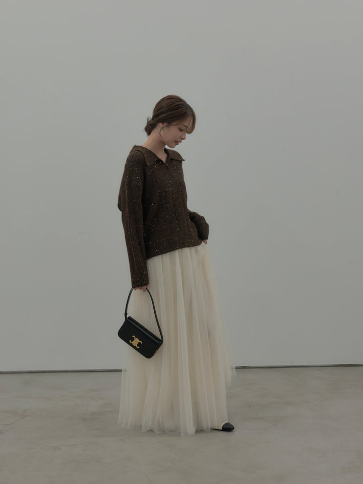 【SET】スパンコールスキッパーニットトップス+ボリュームチュールスカート(2set)