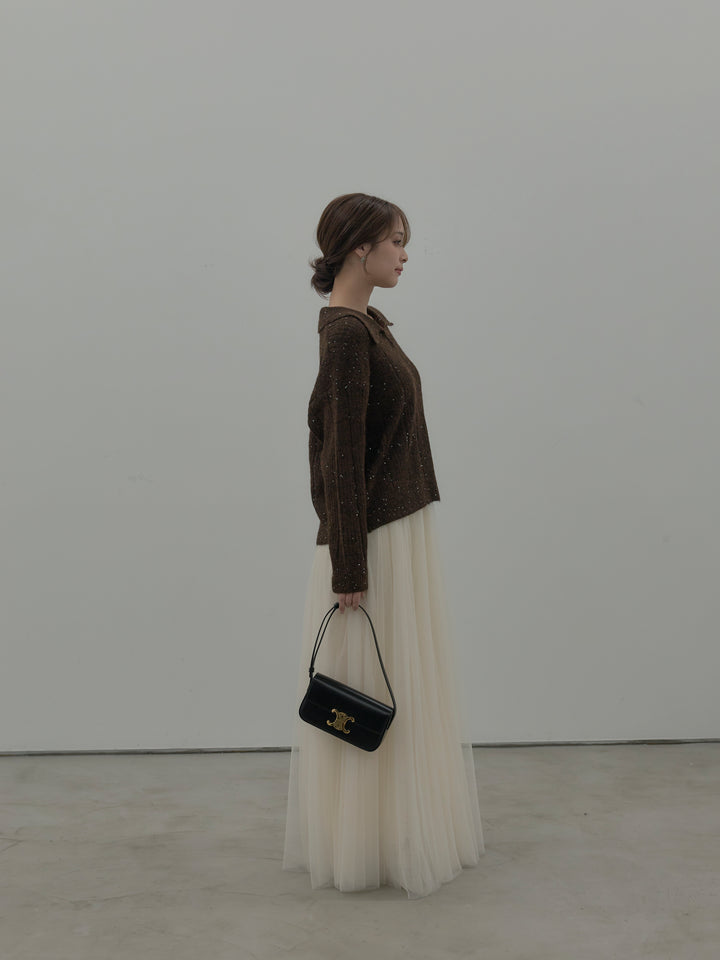 【SET】スパンコールスキッパーニットトップス+ボリュームチュールスカート(2set)