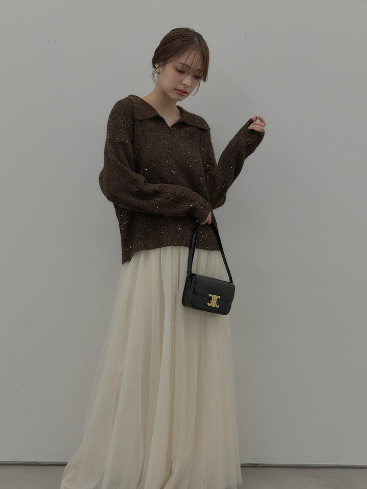 【SET】スパンコールスキッパーニットトップス+ボリュームチュールスカート(2set)