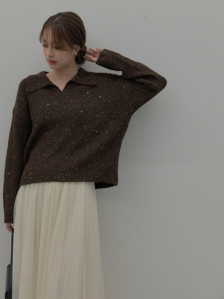 【SET】スパンコールスキッパーニットトップス+ボリュームチュールスカート(2set)