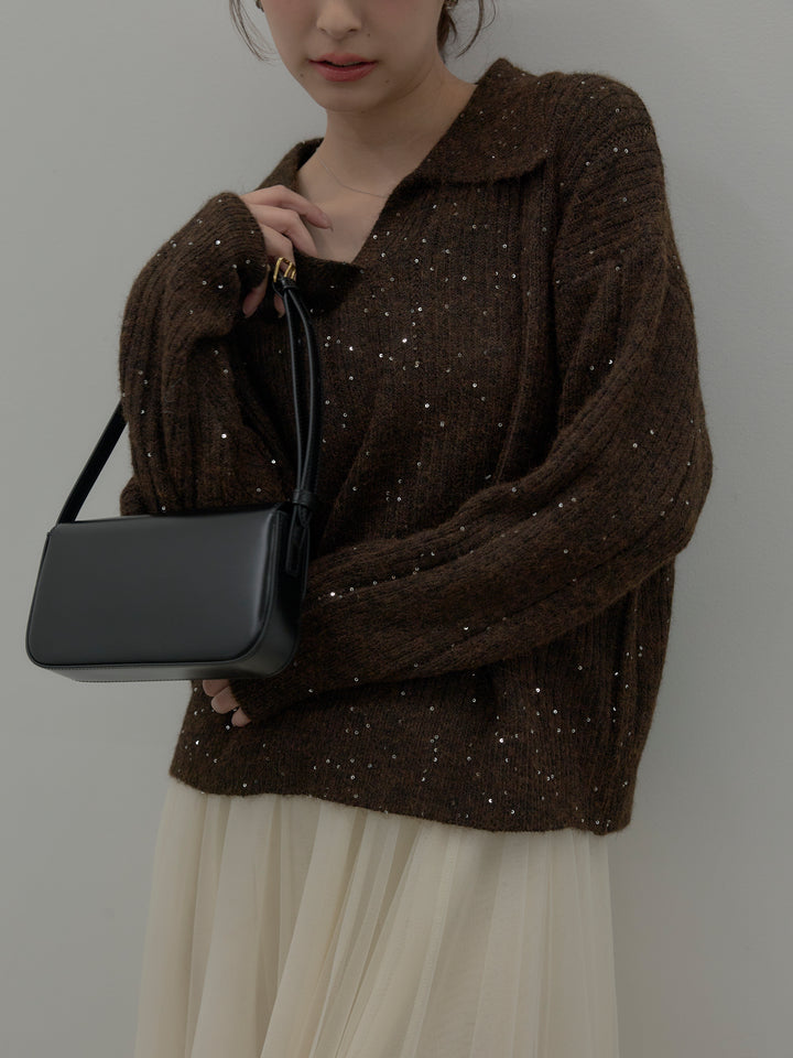 【SET】スパンコールスキッパーニットトップス+ボリュームチュールスカート(2set)