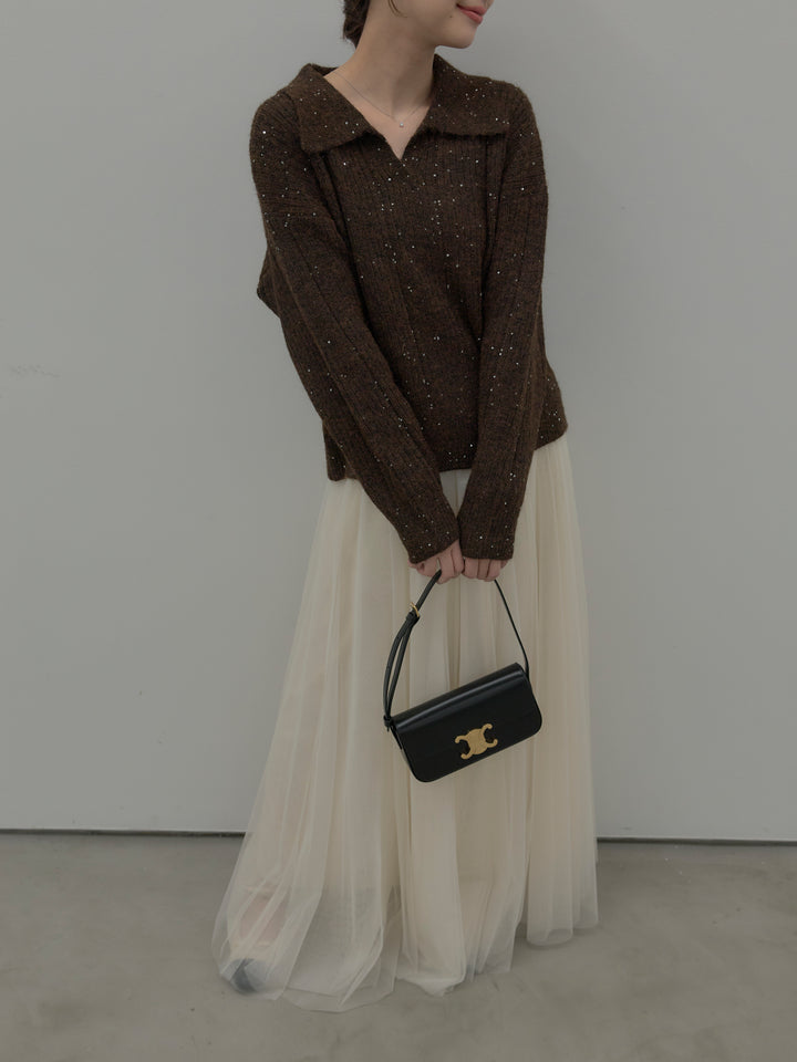 【SET】スパンコールスキッパーニットトップス+ボリュームチュールスカート(2set)