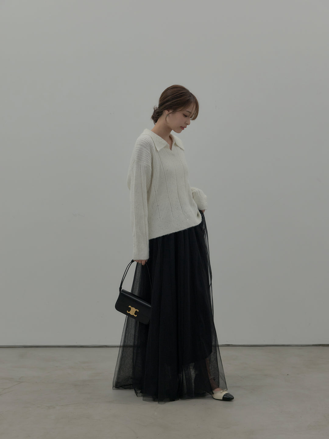 【SET】スパンコールスキッパーニットトップス+ボリュームチュールスカート(2set)