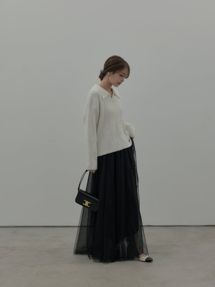 【SET】スパンコールスキッパーニットトップス+ボリュームチュールスカート(2set)