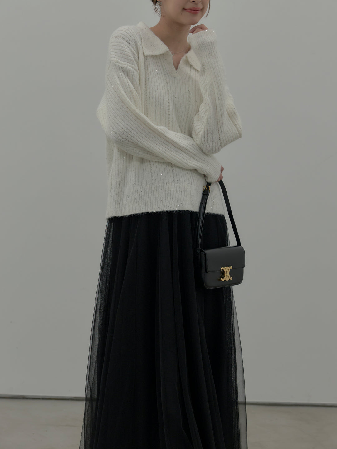 【SET】スパンコールスキッパーニットトップス+ボリュームチュールスカート(2set)