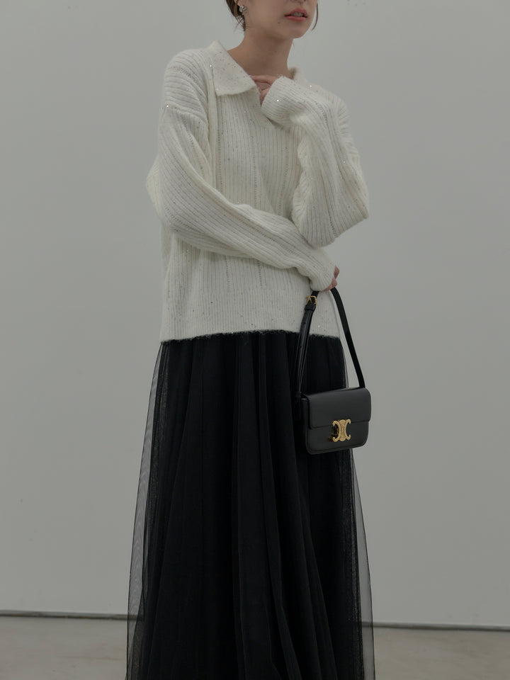 【SET】スパンコールスキッパーニットトップス+ボリュームチュールスカート(2set)