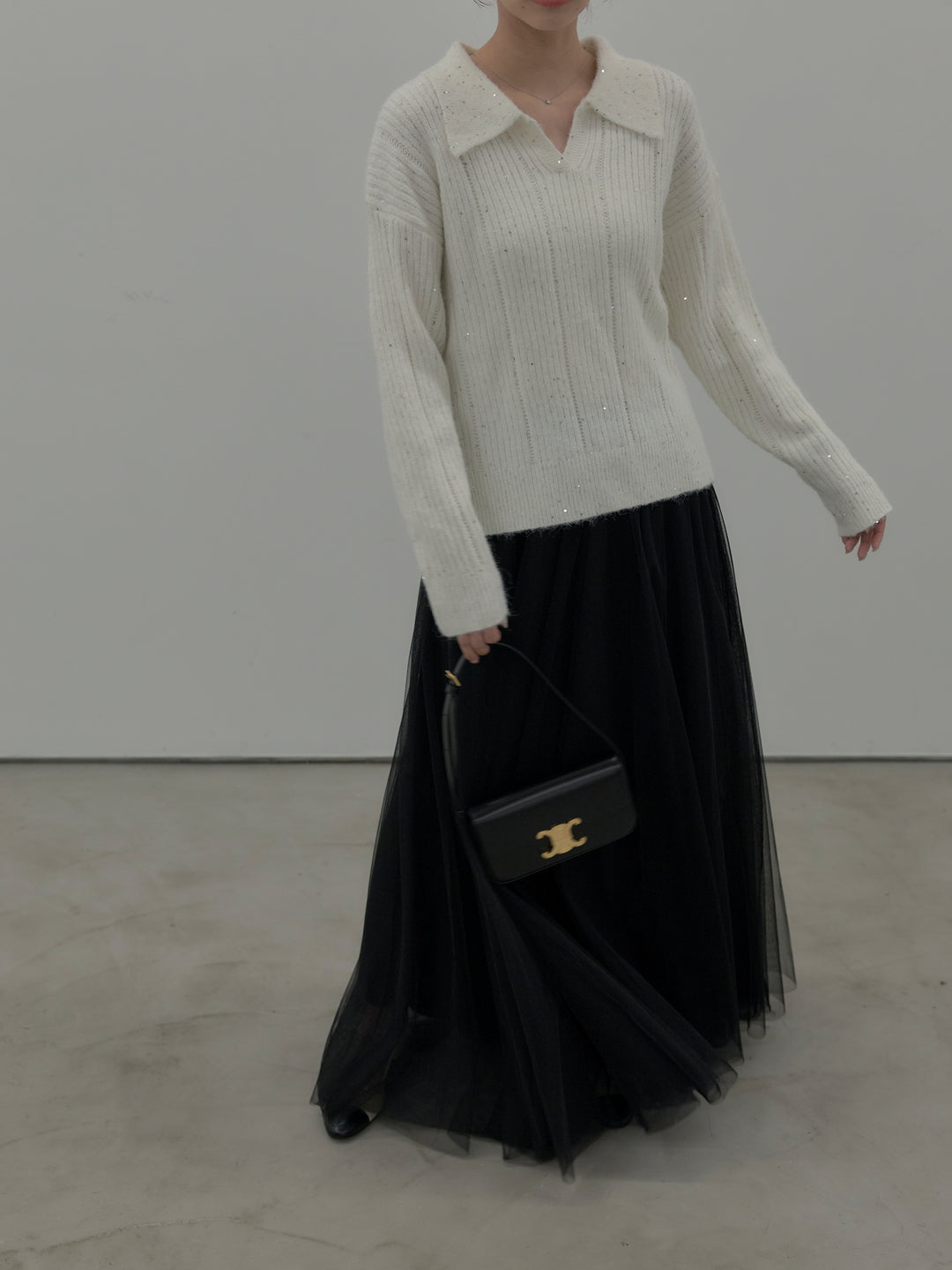 【SET】スパンコールスキッパーニットトップス+ボリュームチュールスカート(2set)