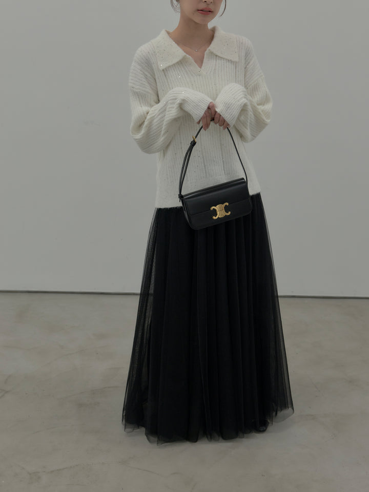 【SET】スパンコールスキッパーニットトップス+ボリュームチュールスカート(2set)