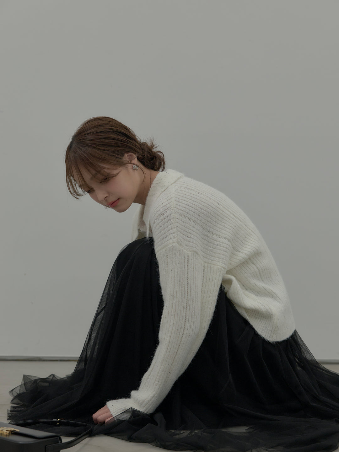 【SET】スパンコールスキッパーニットトップス+ボリュームチュールスカート(2set)