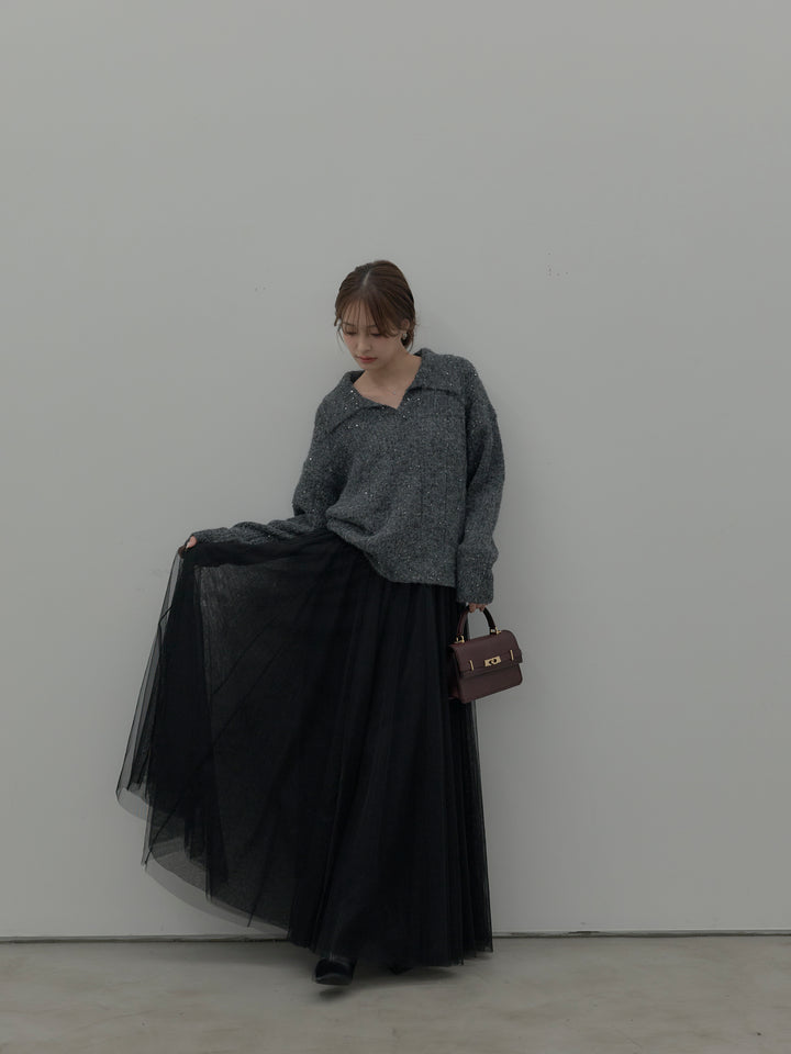 【SET】スパンコールスキッパーニットトップス+ボリュームチュールスカート(2set)