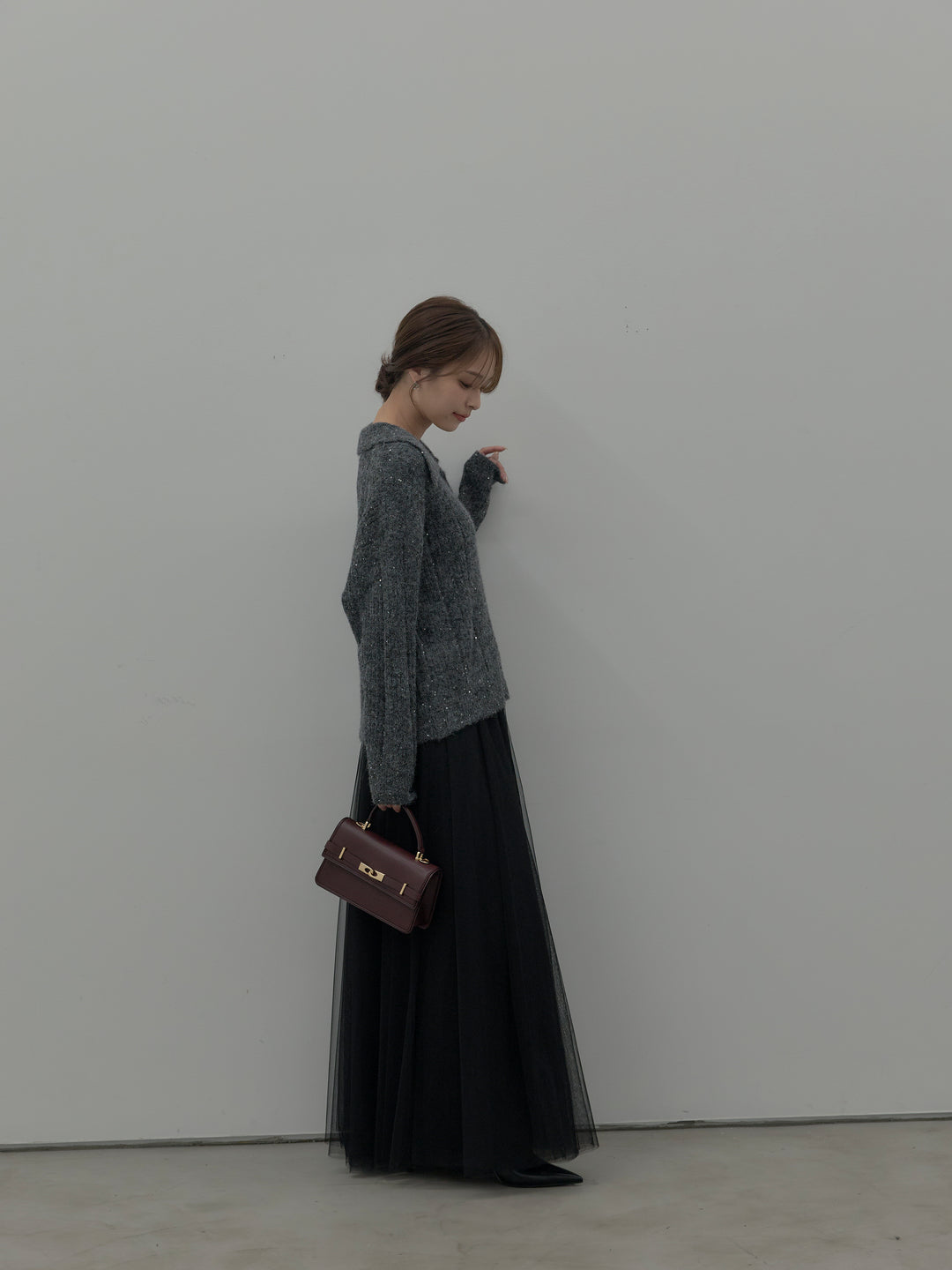 【SET】スパンコールスキッパーニットトップス+ボリュームチュールスカート(2set)