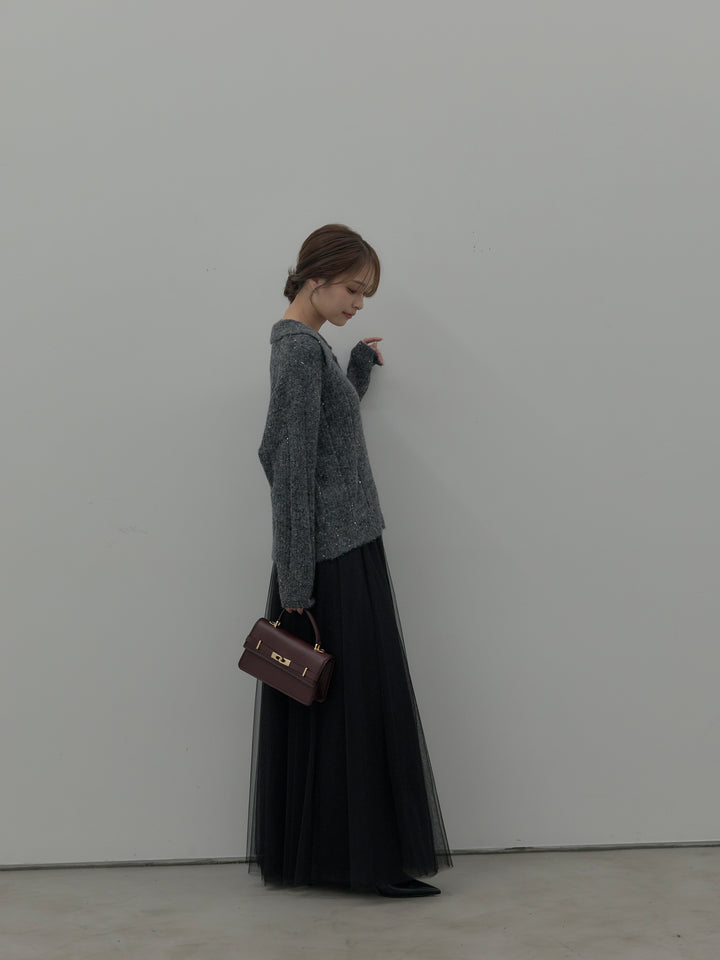 【SET】スパンコールスキッパーニットトップス+ボリュームチュールスカート(2set)