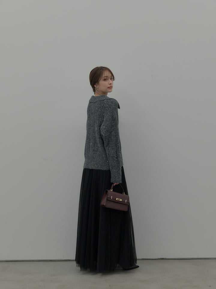 【SET】スパンコールスキッパーニットトップス+ボリュームチュールスカート(2set)