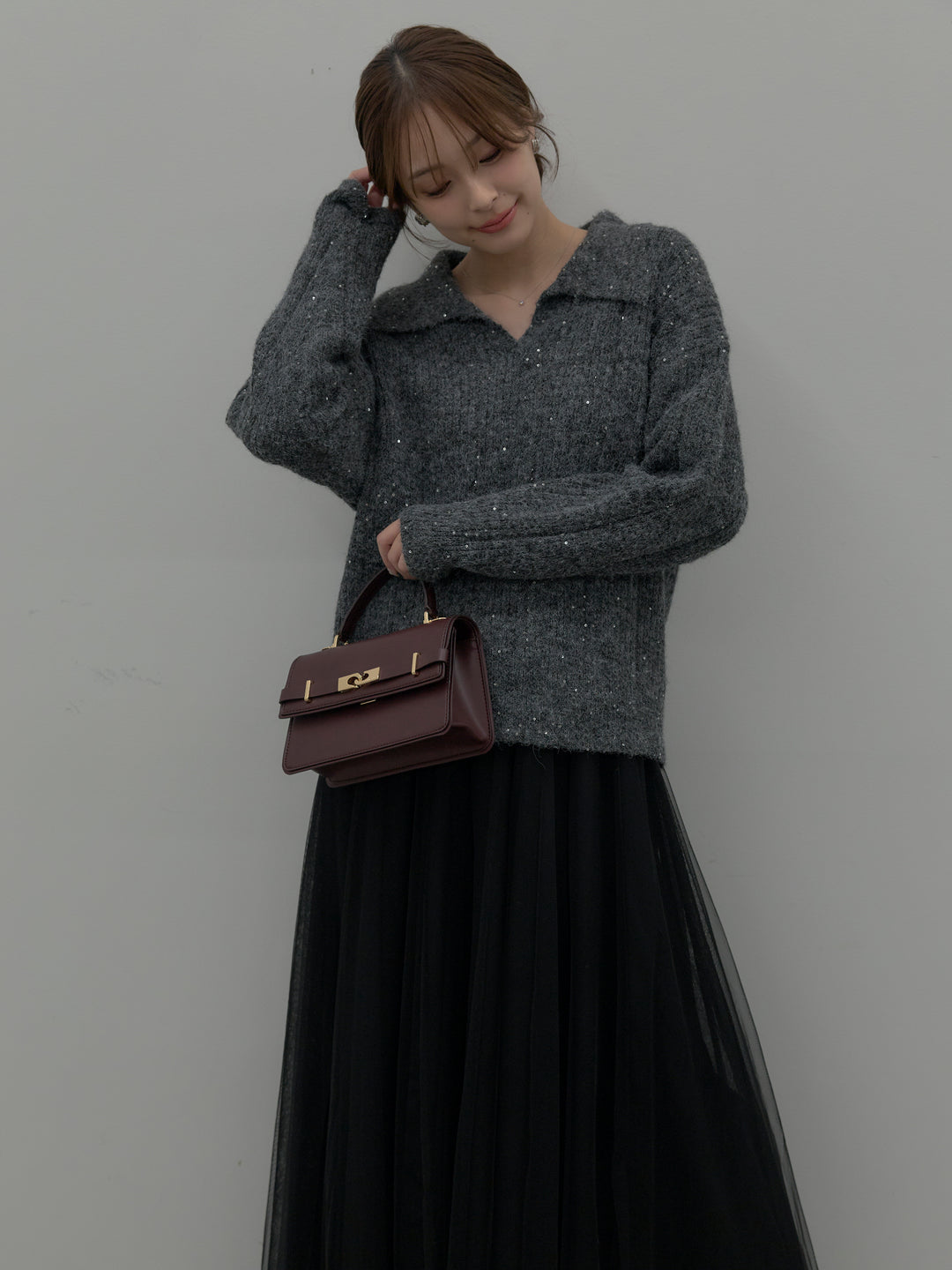 【SET】スパンコールスキッパーニットトップス+ボリュームチュールスカート(2set)