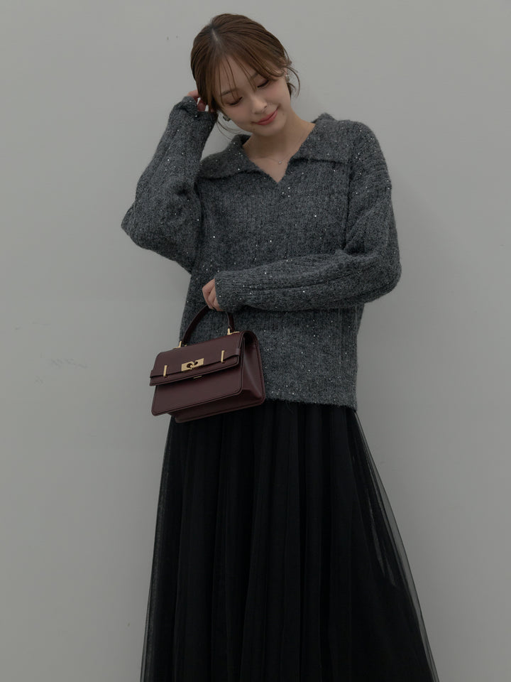 【SET】スパンコールスキッパーニットトップス+ボリュームチュールスカート(2set)