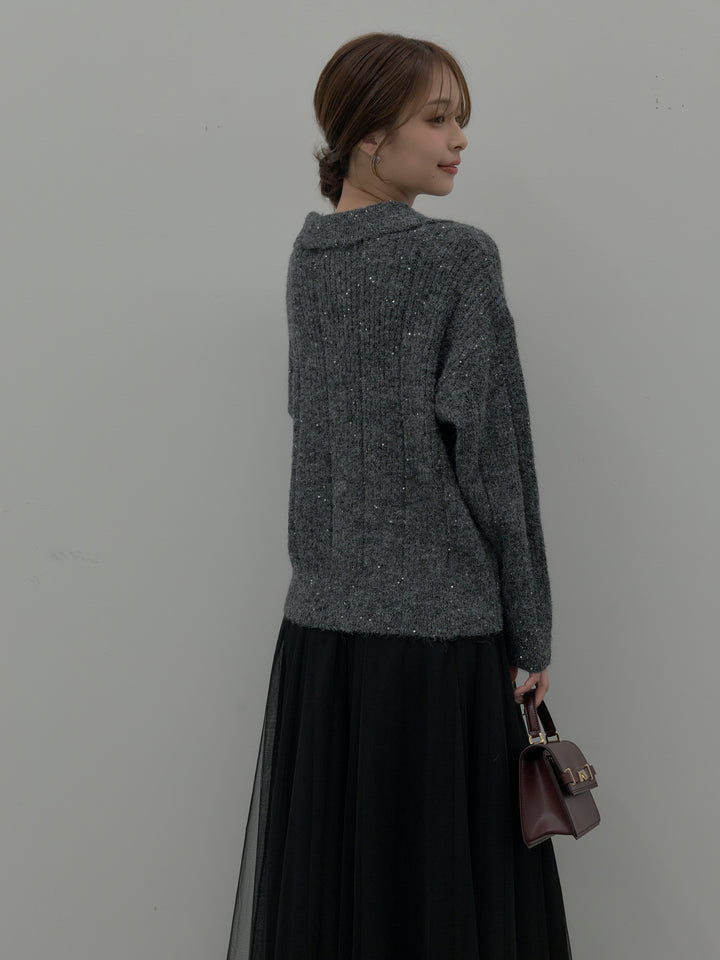 【SET】スパンコールスキッパーニットトップス+ボリュームチュールスカート(2set)