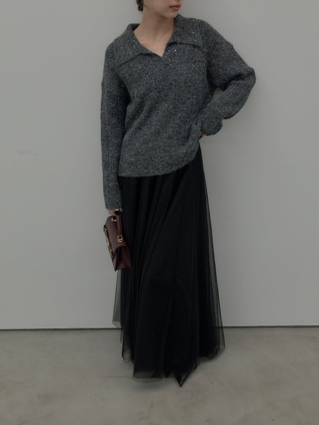 【SET】スパンコールスキッパーニットトップス+ボリュームチュールスカート(2set)