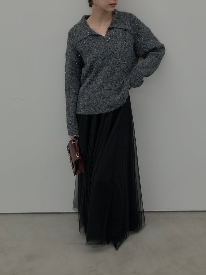 【SET】スパンコールスキッパーニットトップス+ボリュームチュールスカート(2set)