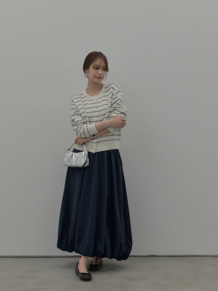 【SET】【premium touch】アルパカタッチボーダーニットカーディガン+バルーンロングスカート(2set)