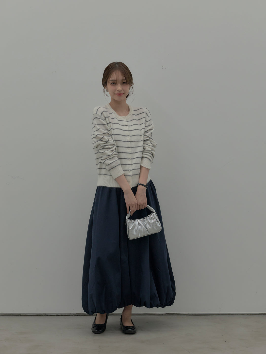 【SET】【premium touch】アルパカタッチボーダーニットカーディガン+バルーンロングスカート(2set)