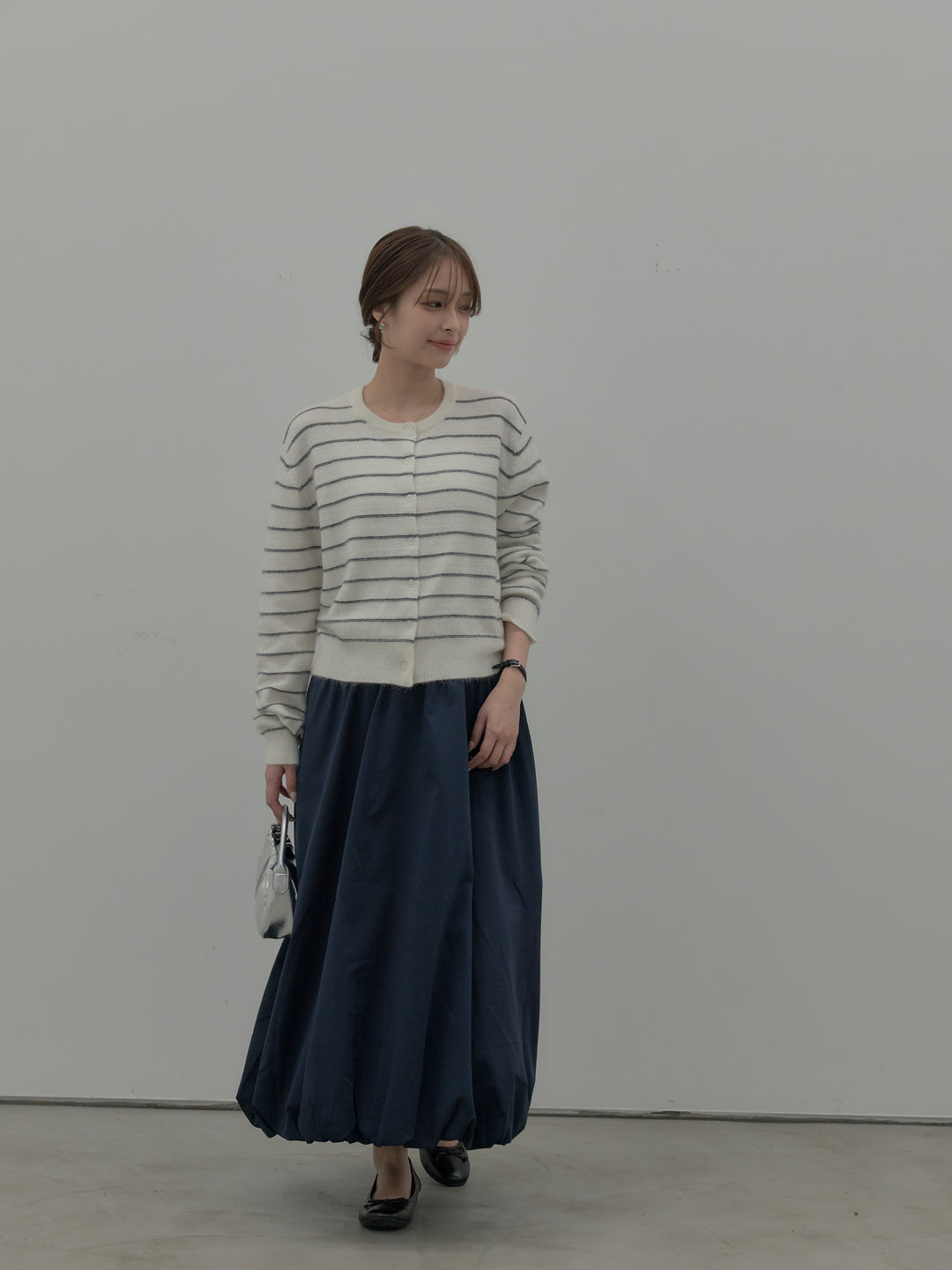【SET】【premium touch】アルパカタッチボーダーニットカーディガン+バルーンロングスカート(2set)