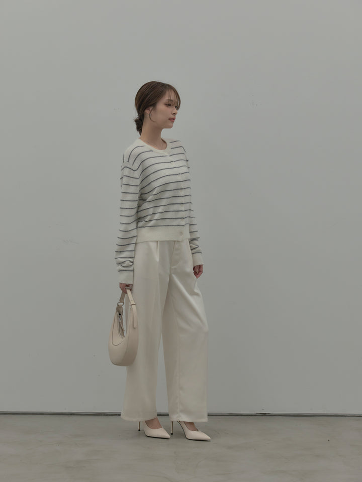 【SET】【premium touch】アルパカタッチボーダーニットカーディガン+【Essential】センタープレスサテンパンツ(2set)