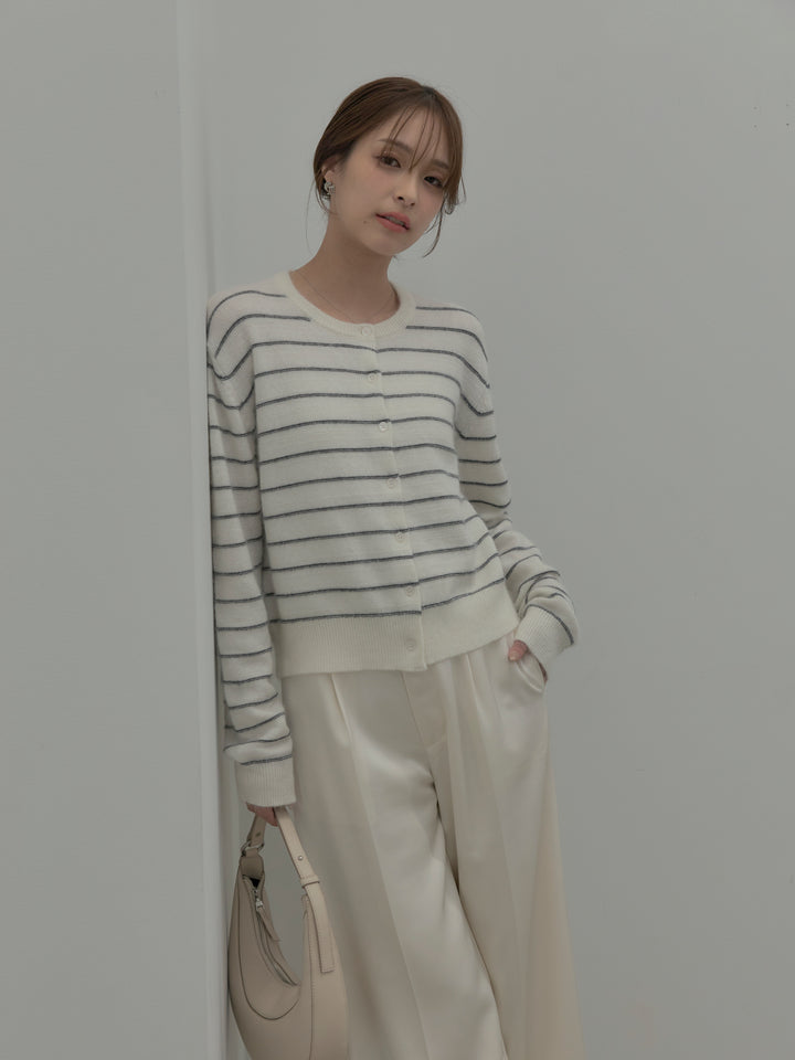 【SET】【premium touch】アルパカタッチボーダーニットカーディガン+【Essential】センタープレスサテンパンツ(2set)