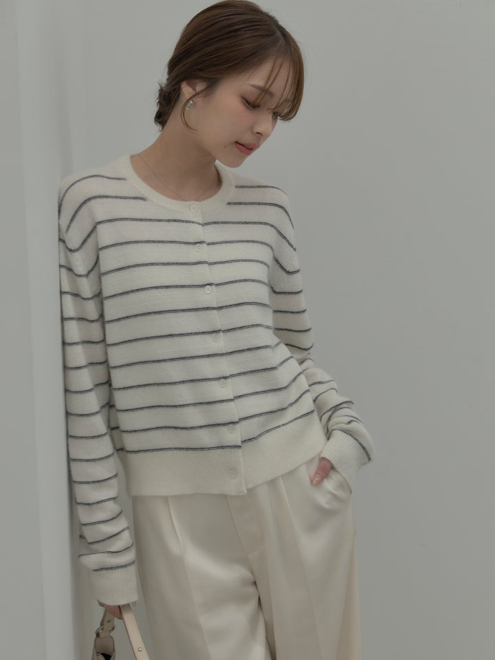 【SET】【premium touch】アルパカタッチボーダーニットカーディガン+【Essential】センタープレスサテンパンツ(2set)