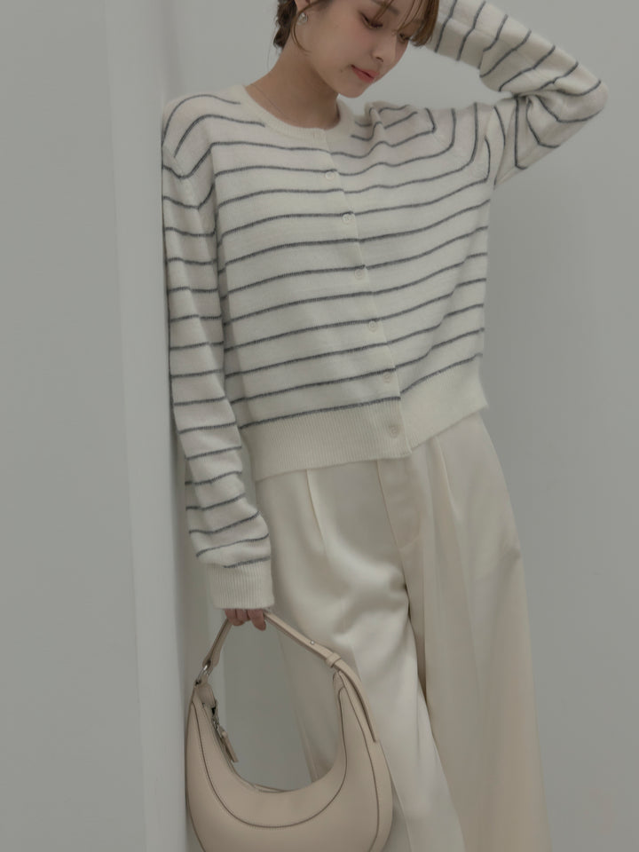 【SET】【premium touch】アルパカタッチボーダーニットカーディガン+【Essential】センタープレスサテンパンツ(2set)