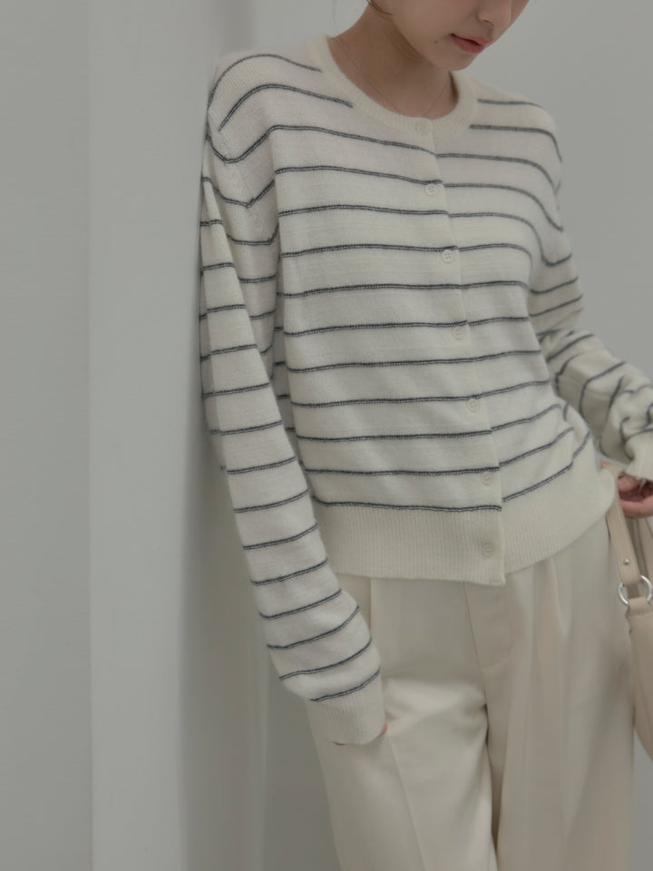 【SET】【premium touch】アルパカタッチボーダーニットカーディガン+【Essential】センタープレスサテンパンツ(2set)