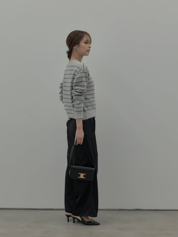 【SET】【premium touch】アルパカタッチボーダーニットカーディガン+【Essential】センタープレスサテンパンツ(2set)