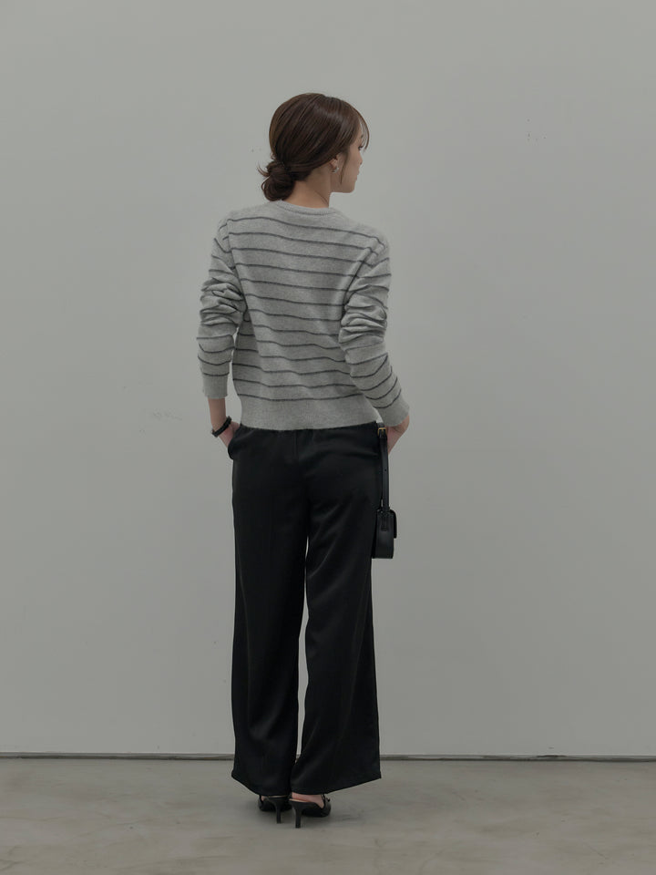 【SET】【premium touch】アルパカタッチボーダーニットカーディガン+【Essential】センタープレスサテンパンツ(2set)