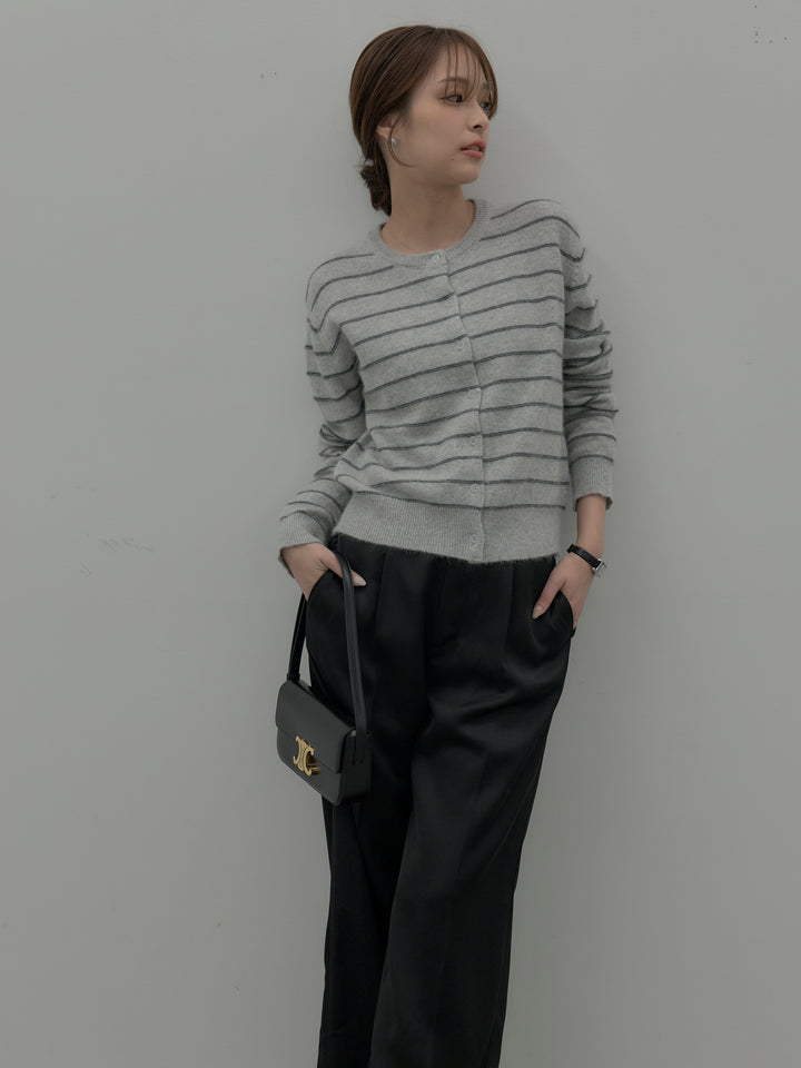 【SET】【premium touch】アルパカタッチボーダーニットカーディガン+【Essential】センタープレスサテンパンツ(2set)