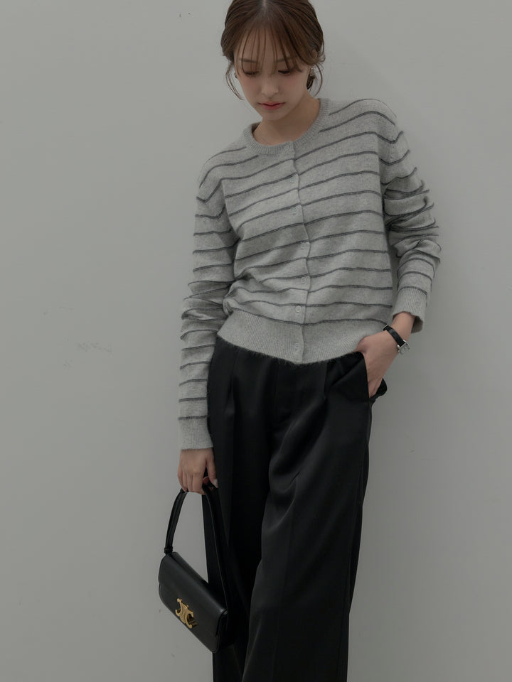 【SET】【premium touch】アルパカタッチボーダーニットカーディガン+【Essential】センタープレスサテンパンツ(2set)