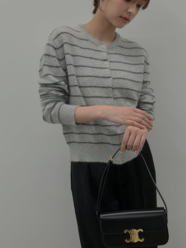 【SET】【premium touch】アルパカタッチボーダーニットカーディガン+【Essential】センタープレスサテンパンツ(2set)