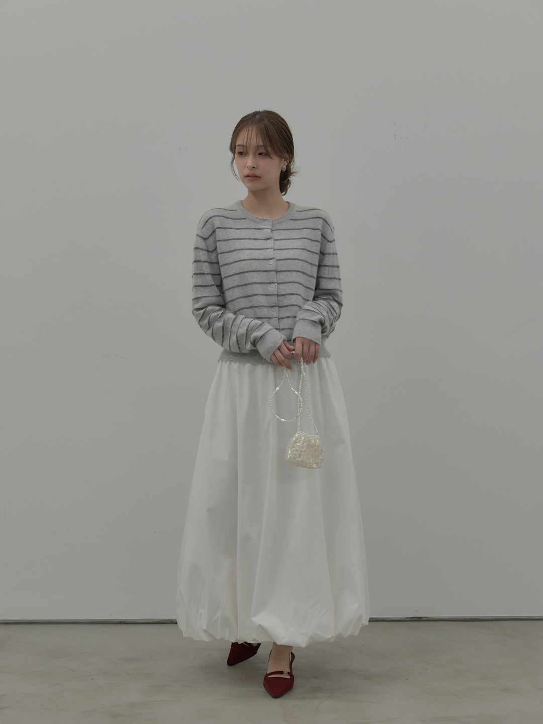 【SET】【premium touch】アルパカタッチボーダーニットカーディガン+バルーンロングスカート(2set)