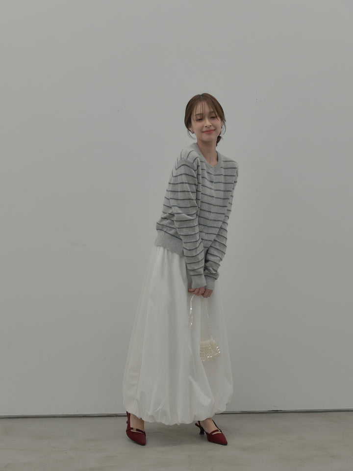 【SET】【premium touch】アルパカタッチボーダーニットカーディガン+バルーンロングスカート(2set)