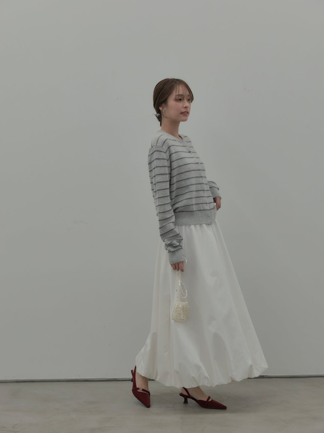 【SET】【premium touch】アルパカタッチボーダーニットカーディガン+バルーンロングスカート(2set)