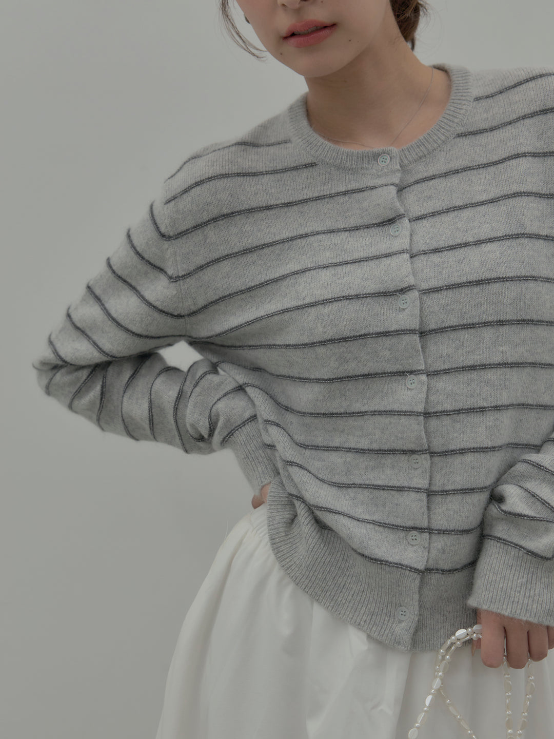 【SET】【premium touch】アルパカタッチボーダーニットカーディガン+バルーンロングスカート(2set)