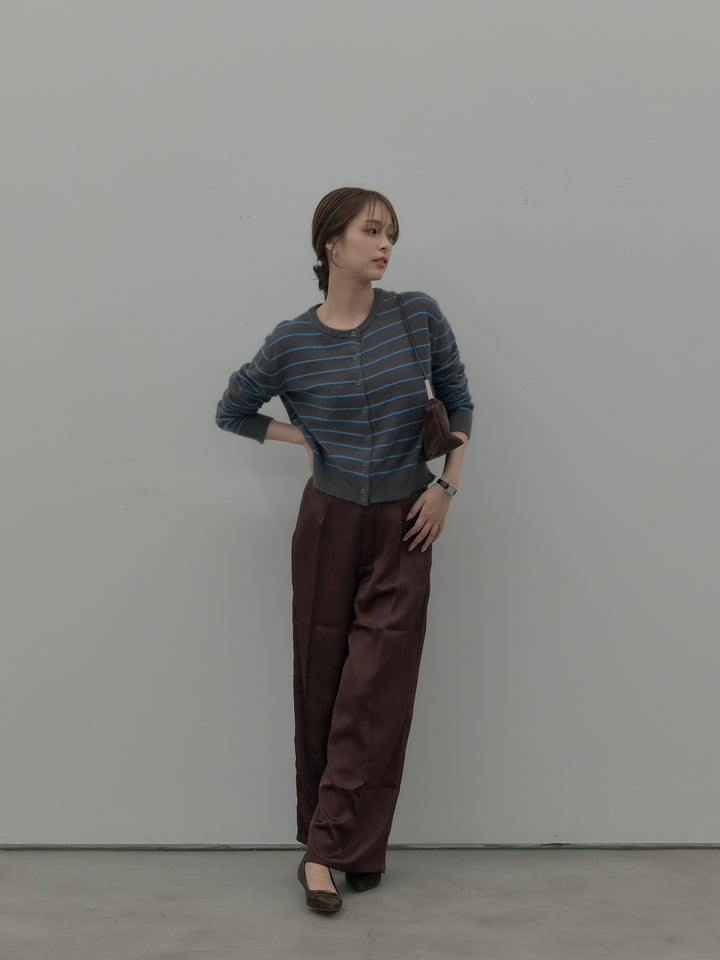 【SET】【premium touch】アルパカタッチボーダーニットカーディガン+【Essential】センタープレスサテンパンツ(2set)