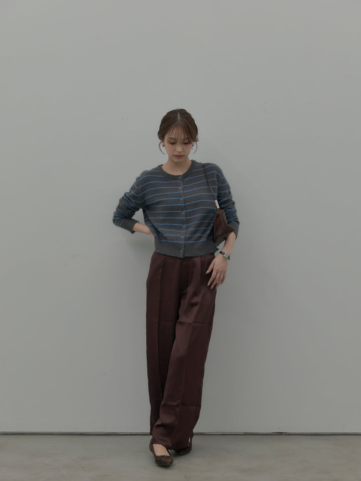 【SET】【premium touch】アルパカタッチボーダーニットカーディガン+【Essential】センタープレスサテンパンツ(2set)