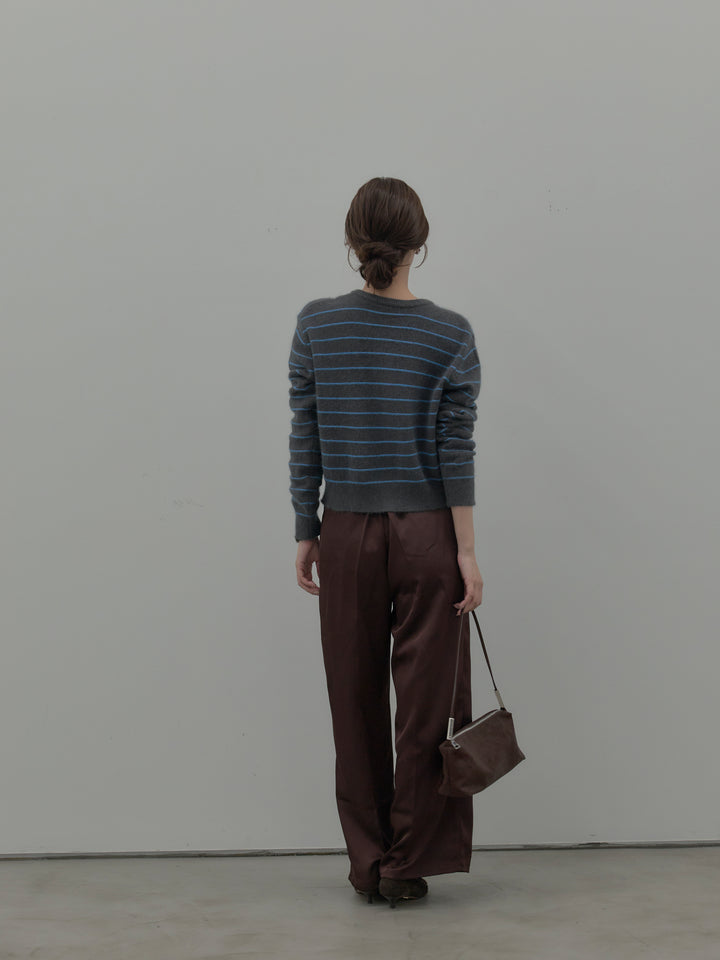 【SET】【premium touch】アルパカタッチボーダーニットカーディガン+【Essential】センタープレスサテンパンツ(2set)