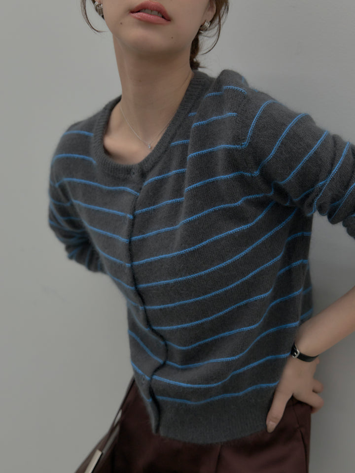 【SET】【premium touch】アルパカタッチボーダーニットカーディガン+【Essential】センタープレスサテンパンツ(2set)