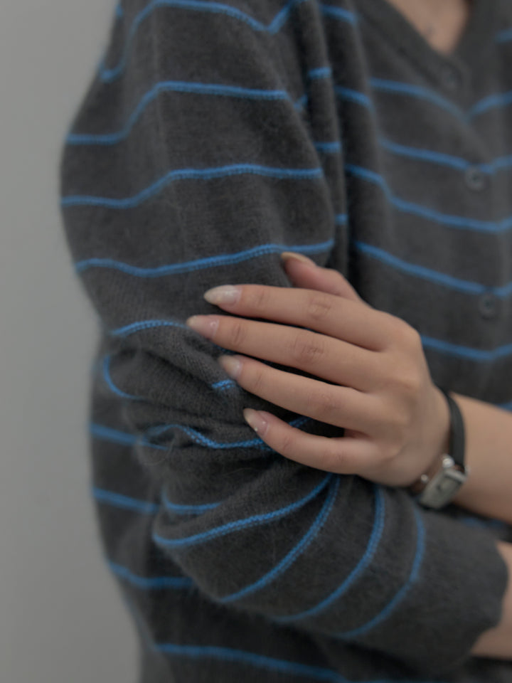 【SET】【premium touch】アルパカタッチボーダーニットカーディガン+【Essential】センタープレスサテンパンツ(2set)