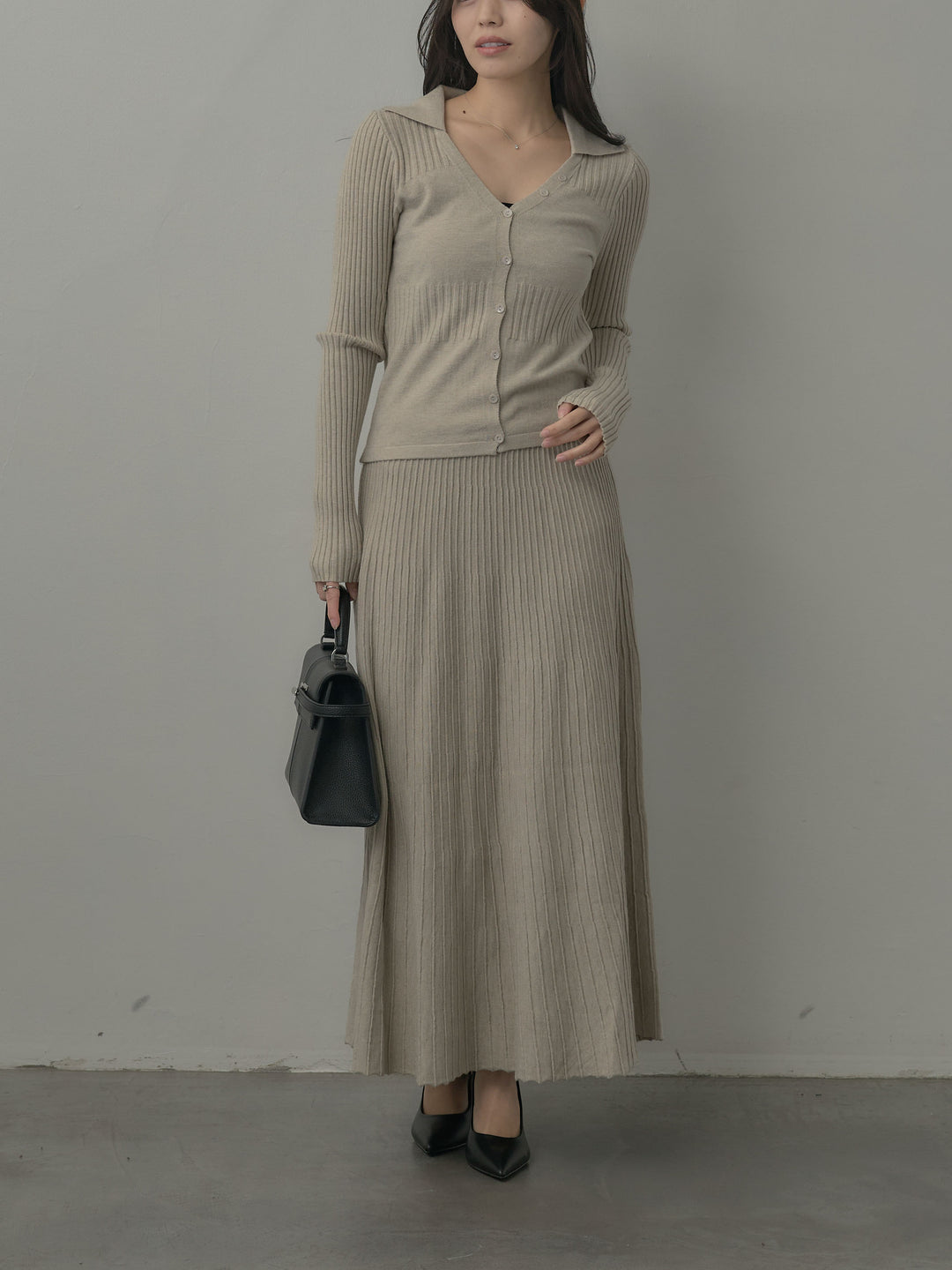 デザインリブポロ襟ニットトップス&ロングスカートSET UP