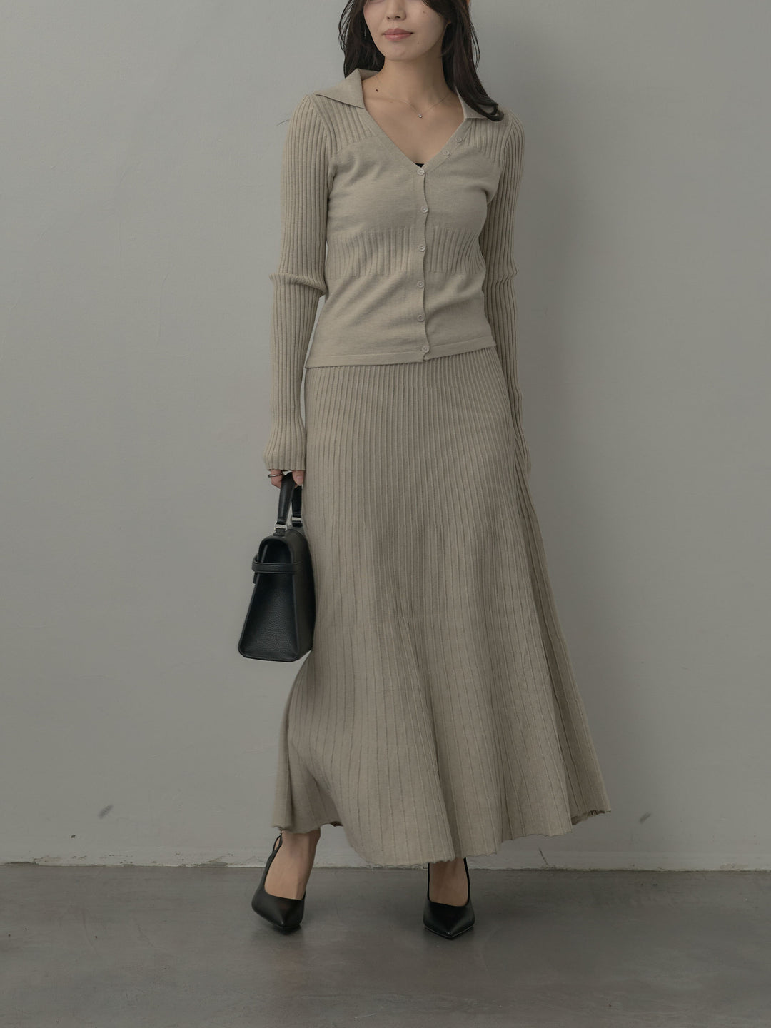 デザインリブポロ襟ニットトップス&ロングスカートSET UP