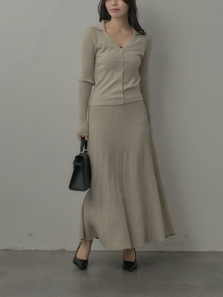 デザインリブポロ襟ニットトップス&ロングスカートSET UP